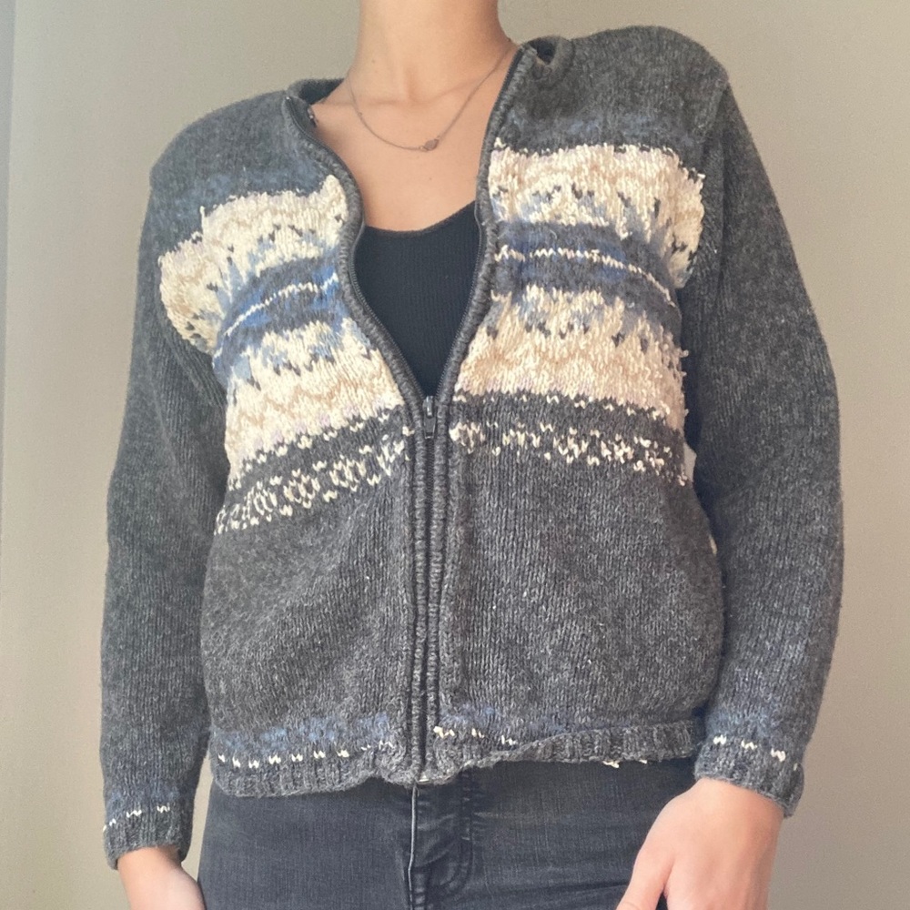 Talbots Gray + Cream Knit Zip Up Sweater